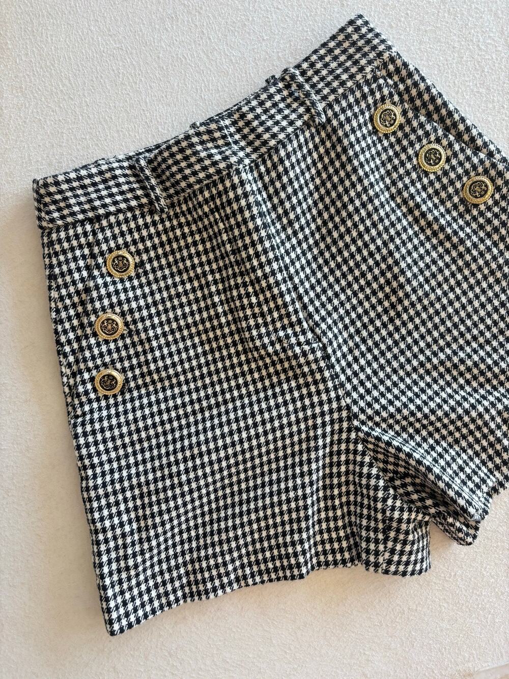 Zara Houndstooth Sailor Shorts Small Black White High Waist Dark Academia French